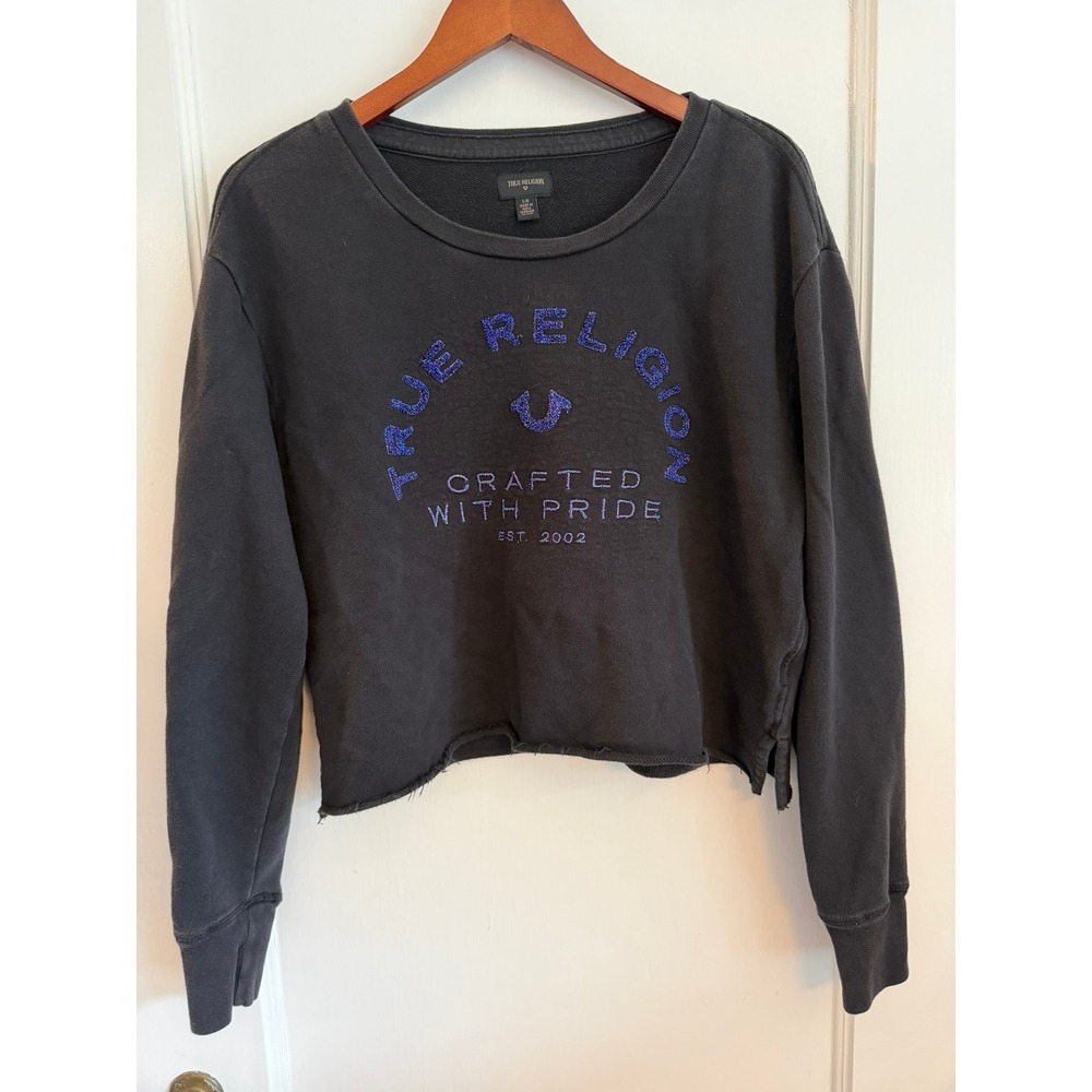 True Religion Sweatshirt Women Large Black Lurex Logo Cropped Raw Hem Pullover